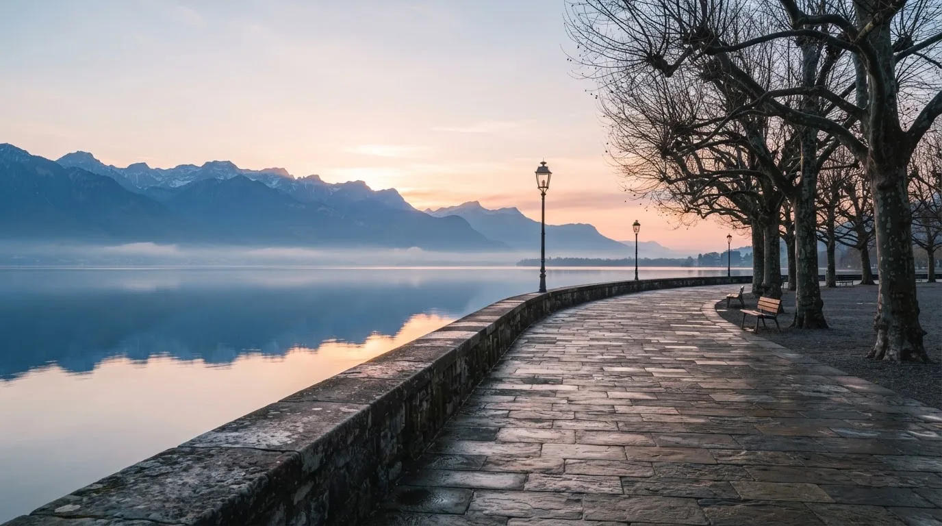 Eine Uferpromenade an einem Schweizer See liegt am frühen Morgen leer da, am anderen Ufer ragen Berge auf.