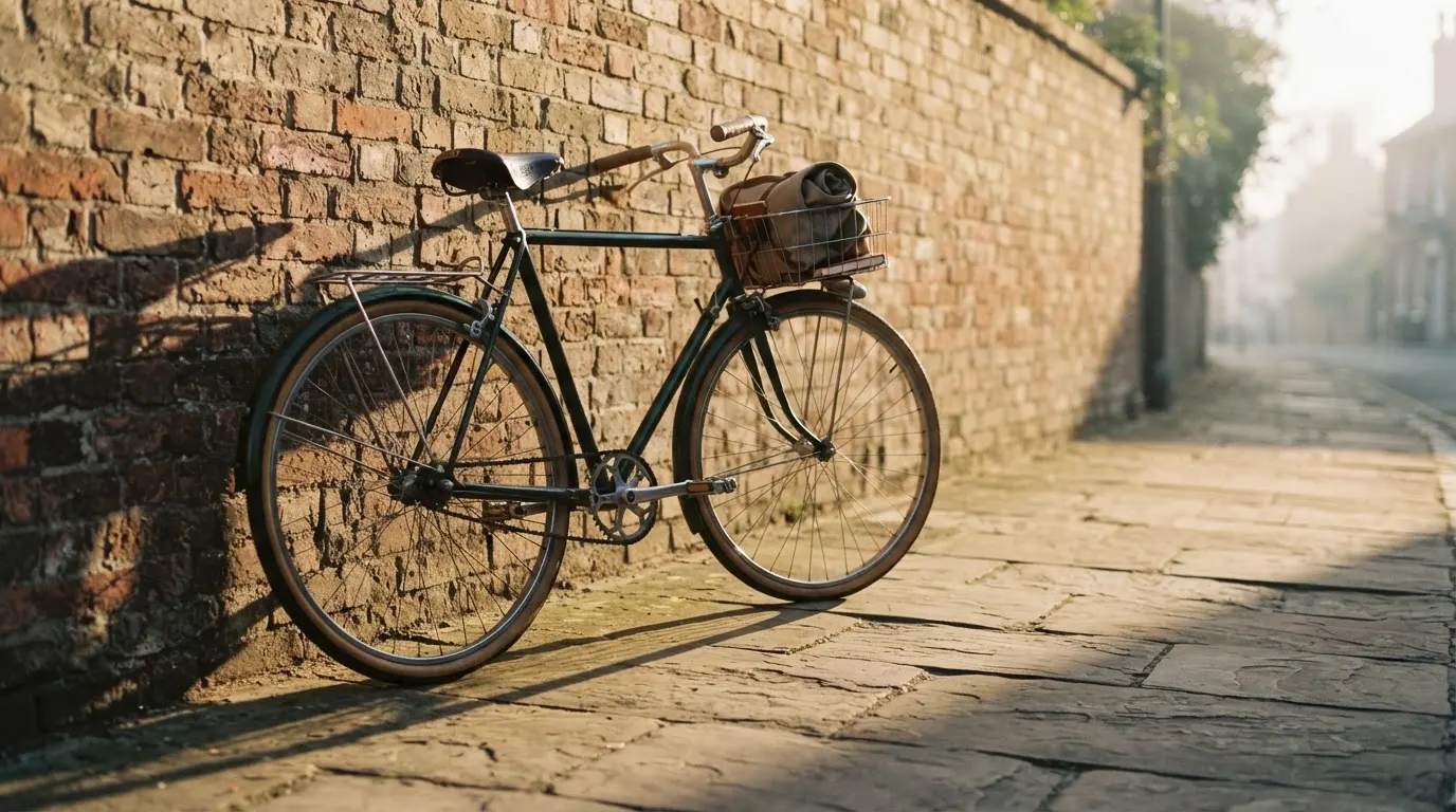 Ein Fahrrad lehnt an einer Backsteinmauer, auf dem Gehweg davor fallen lange Schatten.