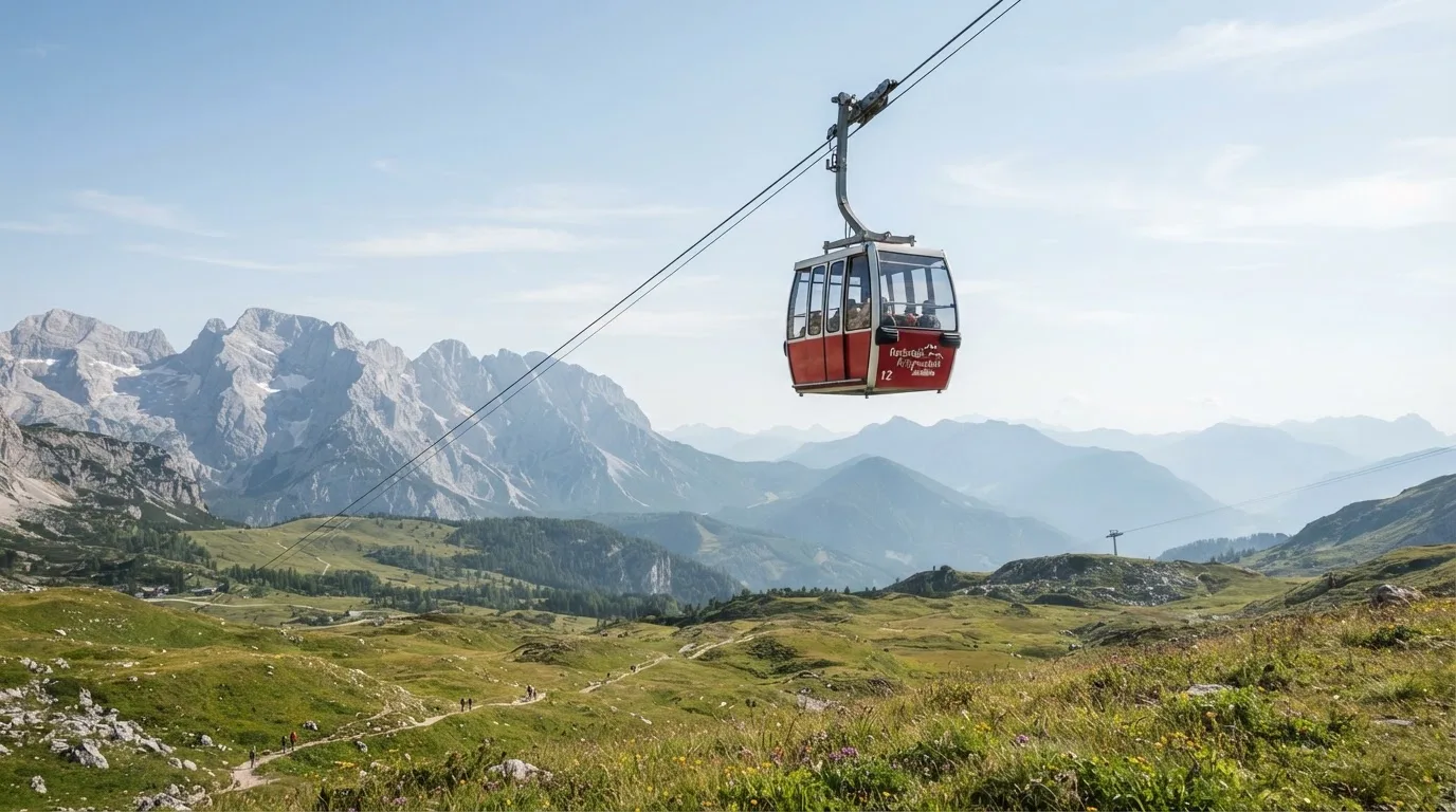 Eine Seilbahnkabine schwebt über einer Alpwiese, im Hintergrund zeichnen sich Felswände ab.