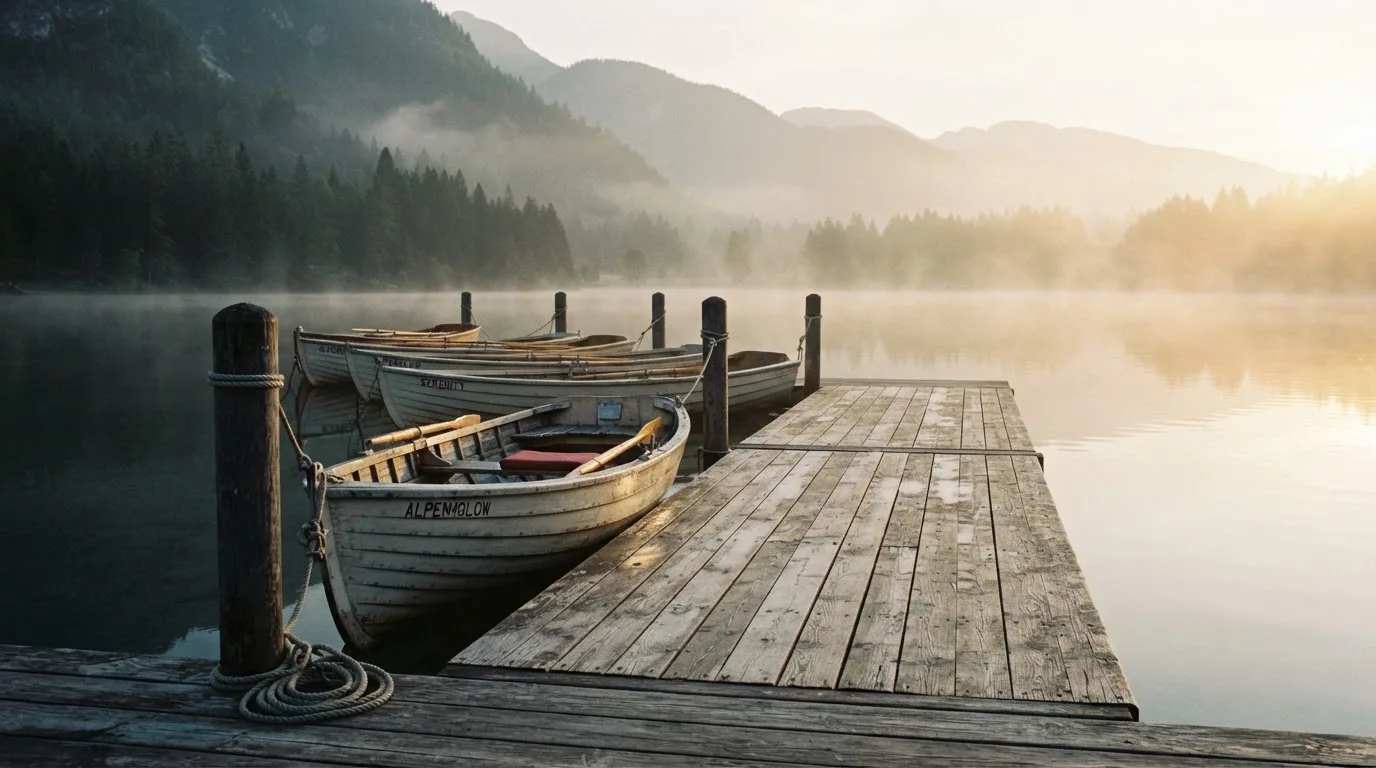 Ruderboote liegen am hölzernen Steg eines Sees, über dem Wasser hängt feiner Morgendunst.