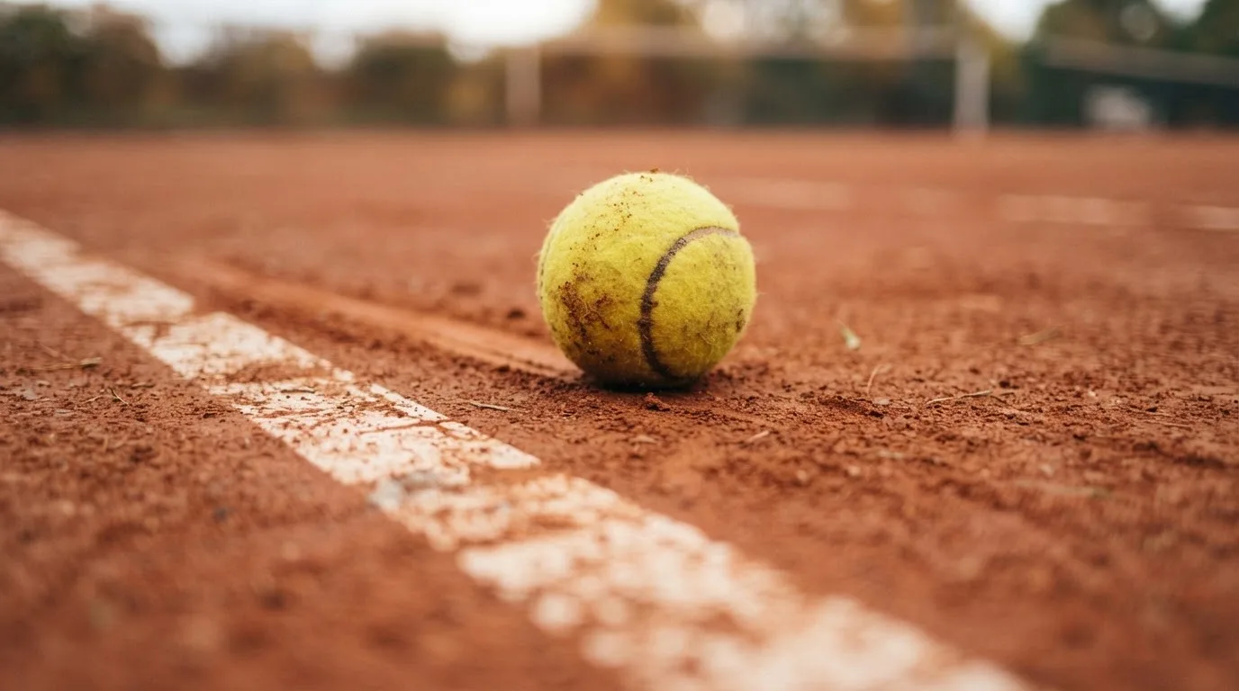 Ein Tennisball liegt auf rotem Sand neben einer verblassten Linie, das Licht ist weich.