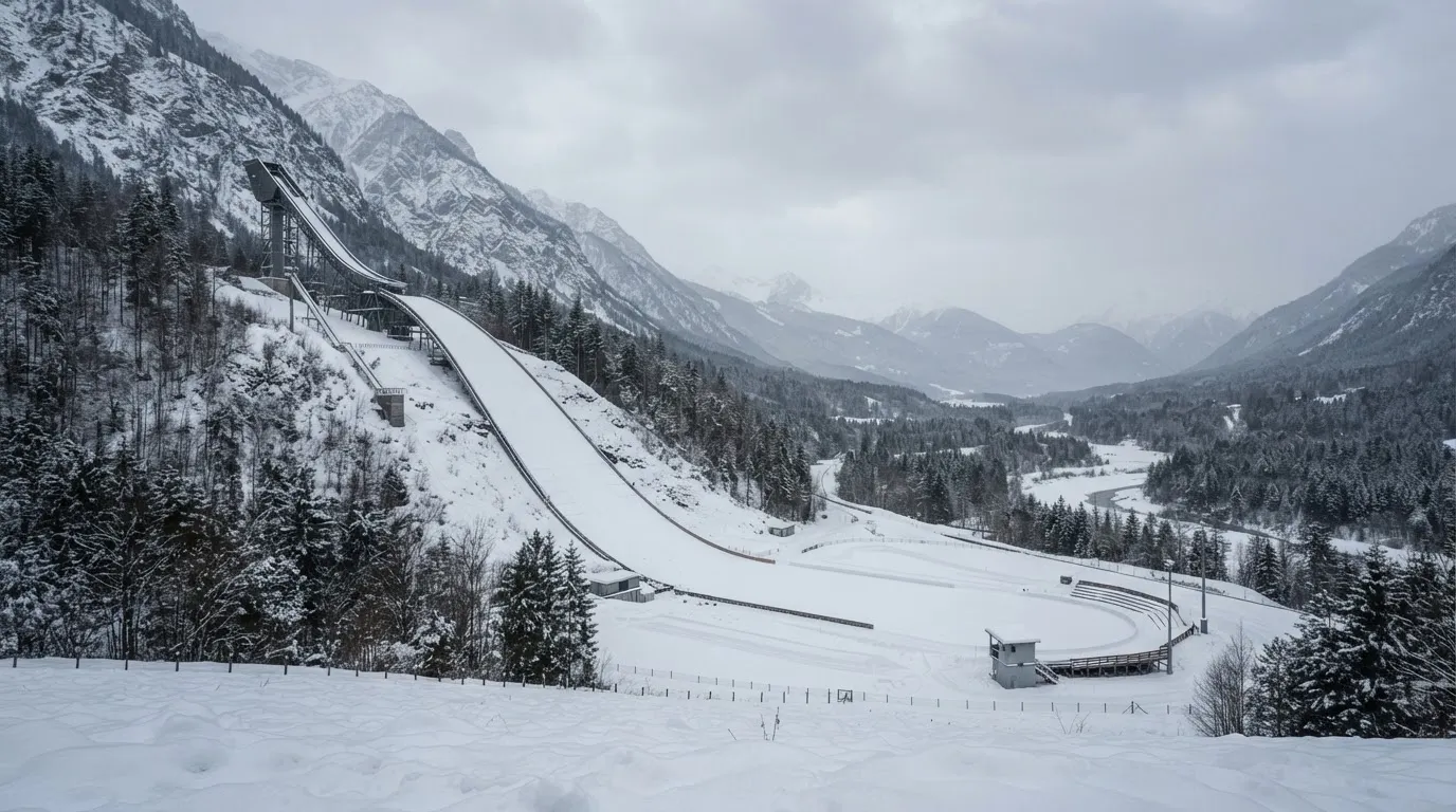 Eine verschneite Skisprungschanze erhebt sich unter grauem Himmel über einem stillen Tal.