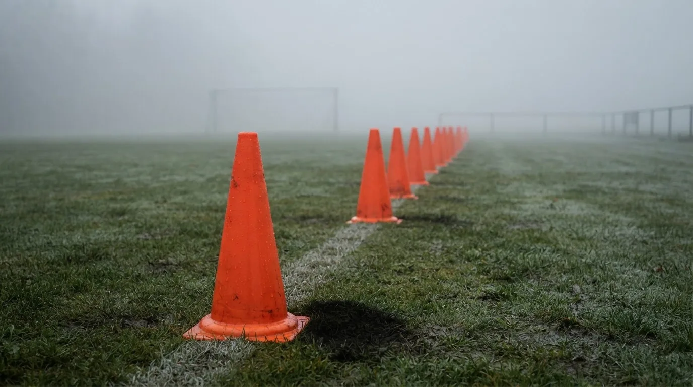 Orange Pylonen stehen auf einem Trainingsplatz im Nebel, die Ränder des Platzes verschwimmen im Dunst.