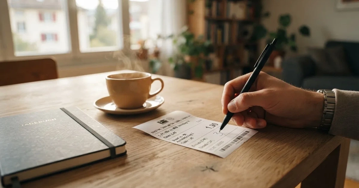 Eine Hand hält einen Stift über einem leeren Blatt, daneben eine Tasse Kaffee auf einem hellen Tisch.