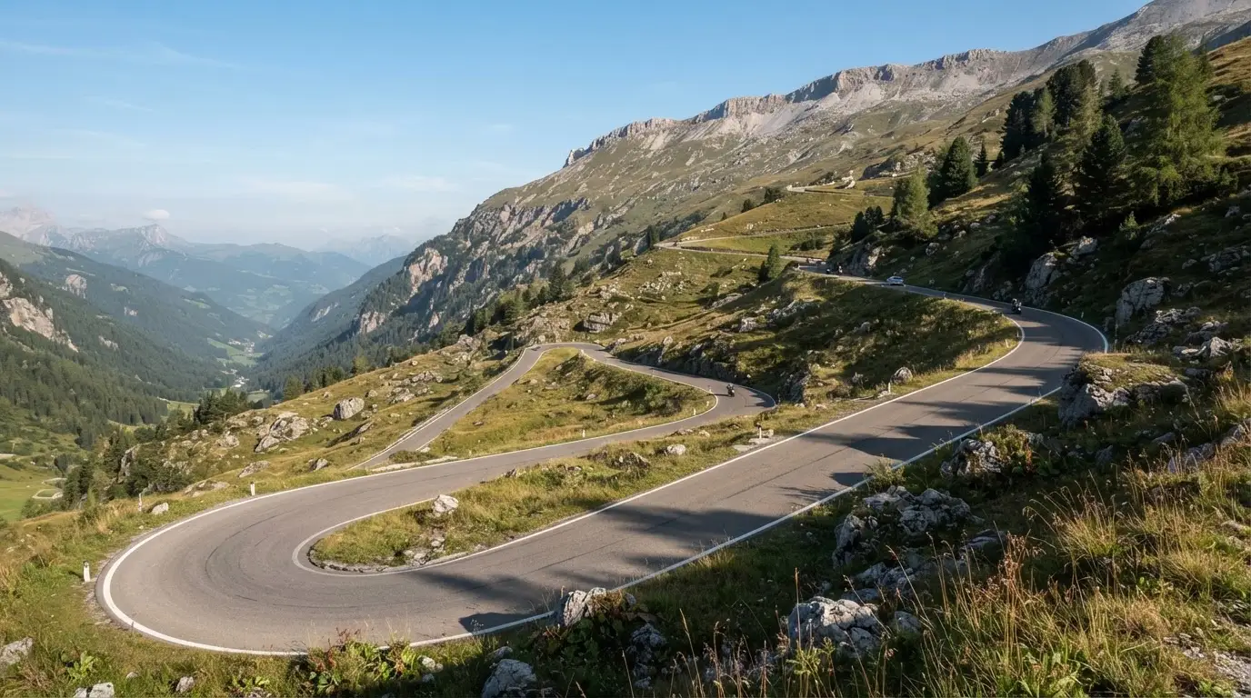 Eine Passstrasse zieht sich in Kehren einen Alpenhang hinauf, kein Fahrzeug ist zu sehen.