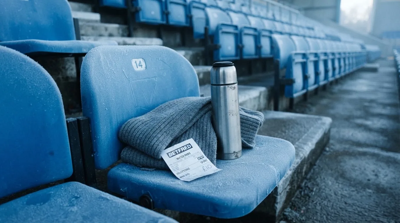 Ein grauer Wollschal und eine Thermoskanne liegen auf einem Sitz im winterlichen Stadion, Raureif liegt auf den Stufen.