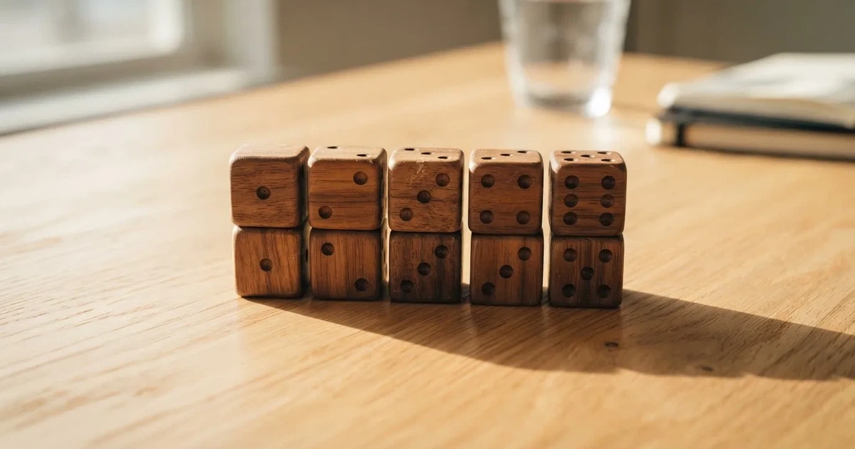 Zehn kleine Holzwürfel liegen in zwei ordentlichen Reihen auf einem hellen Tisch.