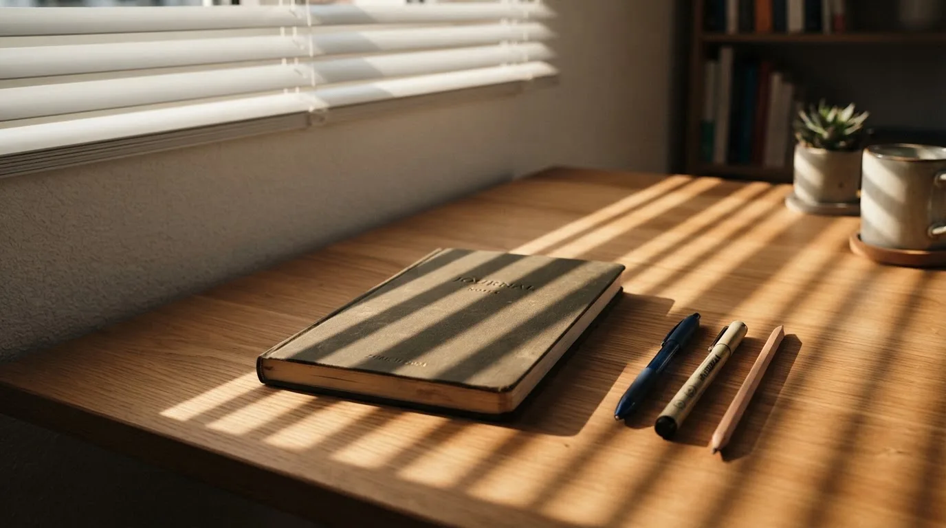 Streifen von Sonnenlicht fallen durch eine Jalousie auf einen Schreibtisch mit Stiften.