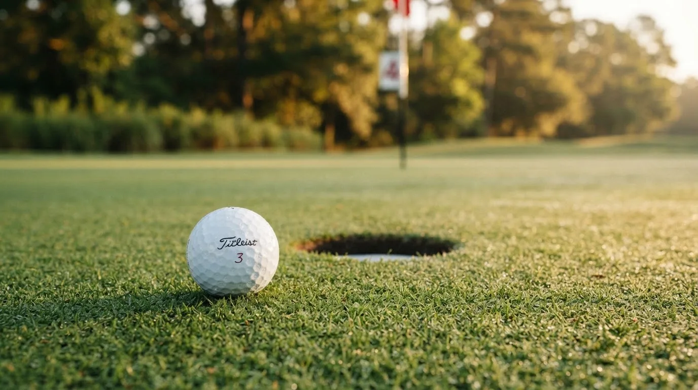 Ein Golfgrün liegt am frühen Morgen im Tau, ein Ball liegt nahe dem Loch.