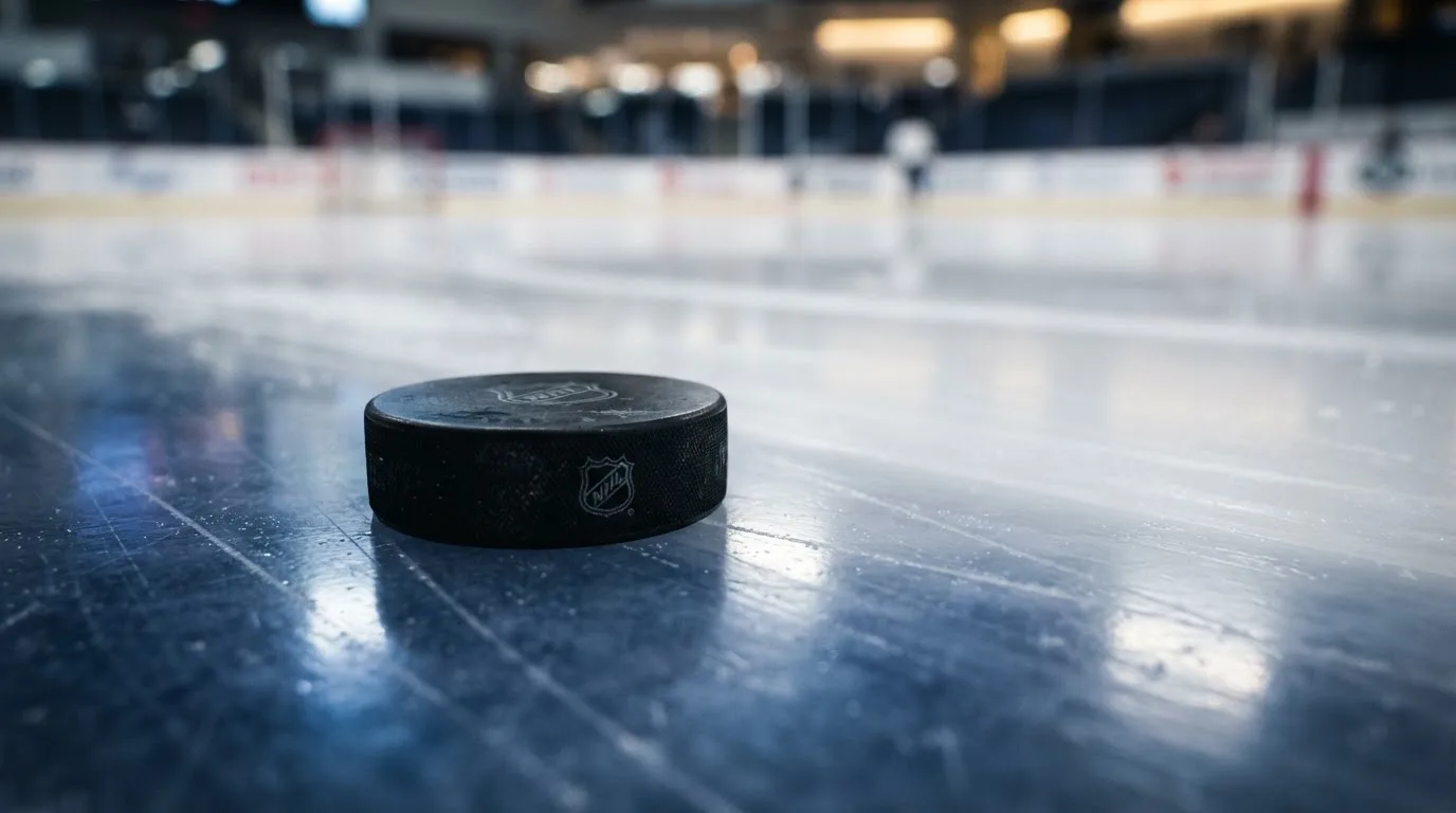 Ein Eishockeypuck liegt in Grossaufnahme auf glatter Eisfläche, im Eis spiegeln sich Hallenlichter.