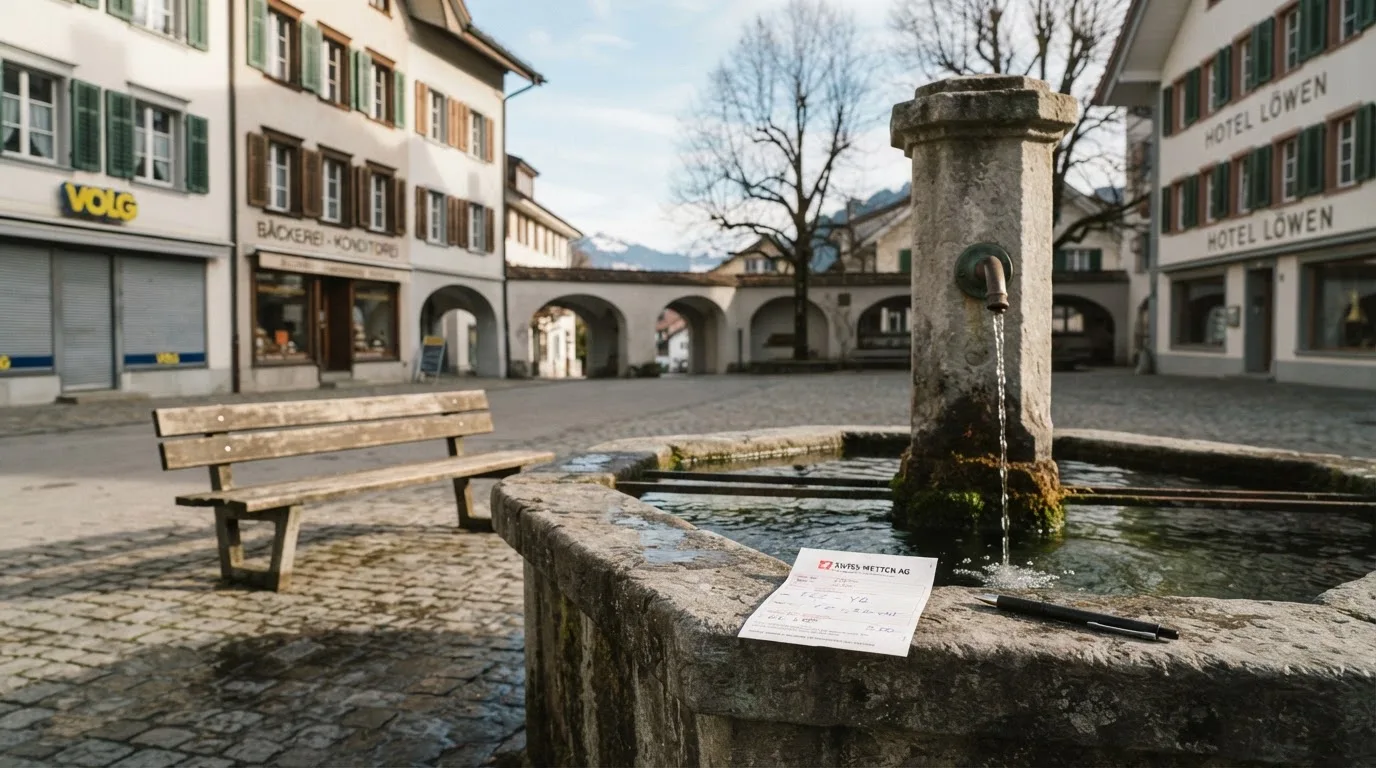 Ein Dorfplatz mit steinernem Brunnen liegt am Vormittag still da, die Läden ringsum sind noch geschlossen.