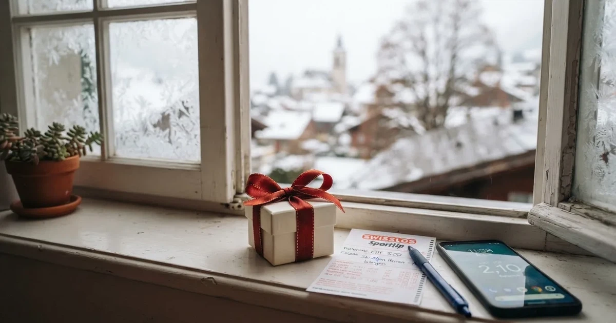 Eine kleine Schachtel mit Schleife steht auf einem Fensterbrett, dahinter ein grauer Wintertag.