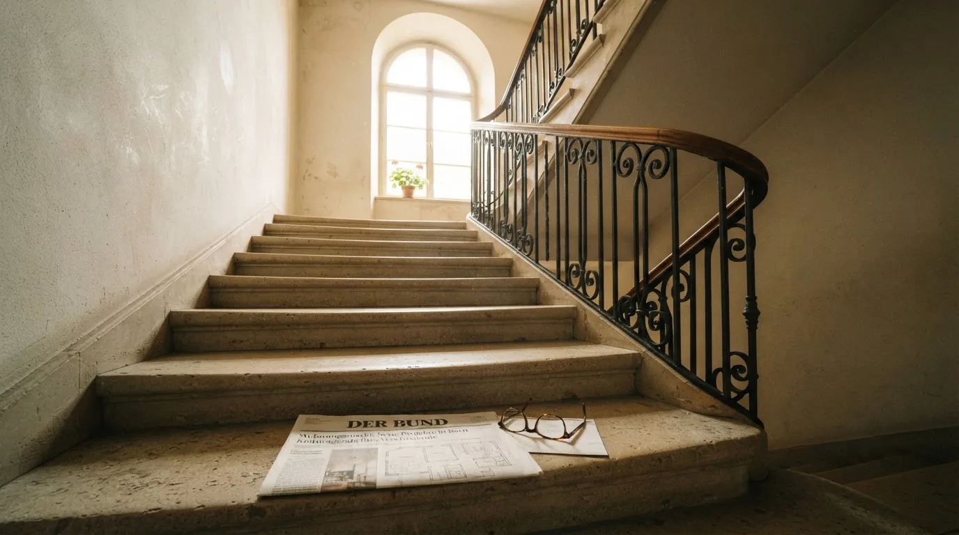 Ein Treppenhaus aus hellem Stein führt in einem Altbau nach oben, Licht fällt durch ein hohes Fenster.